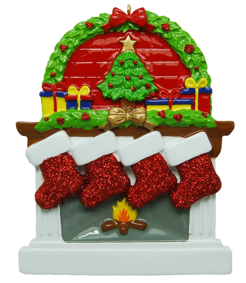 Resin Fireplace Sockings Family Of 4 Christmas Ornaments Personalized