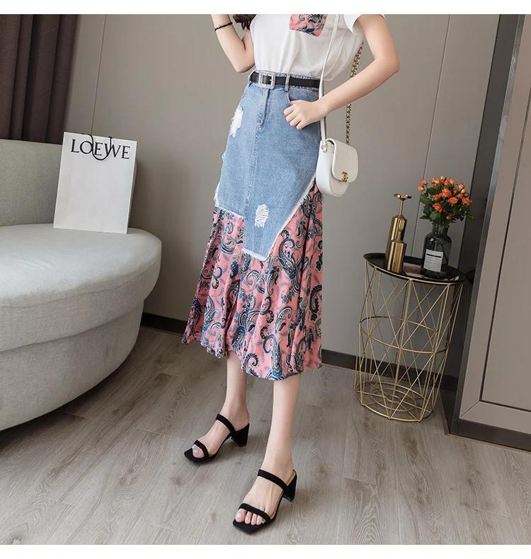 Trytree Summer Women two piece set Casual O-Neck Tops+ Skirt Demin Patchwork Print Hem Belt Pocket Suit Office Lady 2 Piece Set