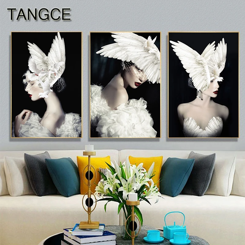

Abstract White Feather Girl Painting Tableaux Big Poster Print White Dress Women Wall Art for Living Room Entrance Cuadros Salon