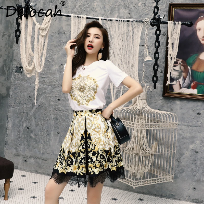 

Delocah Women Summer Suits Runway Fashion Elegant Short Sleeve Beading T-shirt+Vintage lace up Floral Printed Skirt 2 Pieces Set
