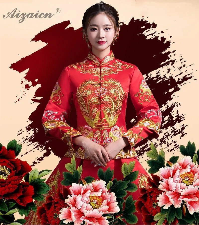 Современные красный вышивка Cheongsam Длинные платья Ци Пао Для женщин Китайский традиционный свадебный платье Oriental Стиль невесты свадебное