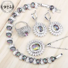 Натуральные Волшебные радужные камни 925 серебряные ювелирные наборы женское свадебное ожерелье и браслеты с подвесками кольца серьги Ювелирная Подарочная коробка