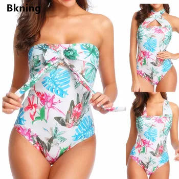 

Bkning Multiple Wearing Strapless Swimsuit One Piece Bathing Suit Women Floral Print Monokini Swimwear XL Leaf Fused 2019 New
