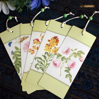 

1pcs elegant beaded bookmark green ya rhymes flower and bird plant map paper bookmark 5 sheets / set