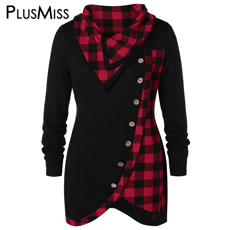 

PlusMiss Plus Size XXXXXL Plaid Autumn Tunic Blouse Women XXXXL XXXL Big Size Loose Long Black Vintage Checked Long Sleeve Tops