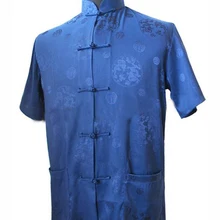 Специальное предложение темно-синий китайский Мужской Шелковый сатин рубашка для кунг-фу короткий рукав Hombre Camisa с драконом Размер S M L XL XXL XXXL M2066