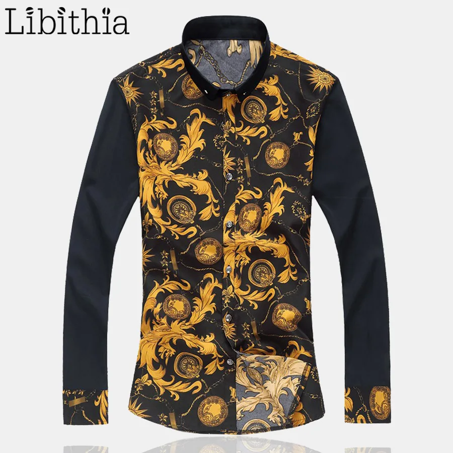 Men Floral Dress Shirts Cotton Long Sleeve Blouse Wrinkle