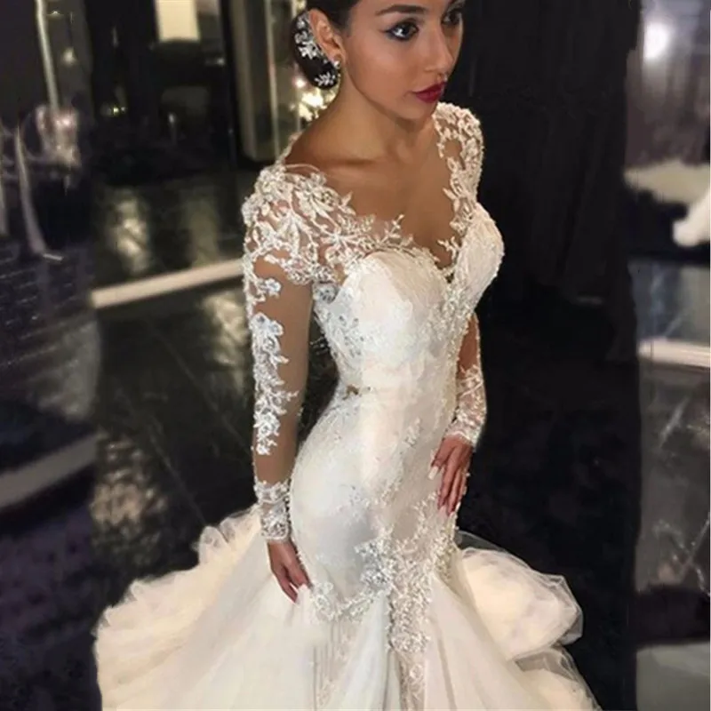 

2019 Gorgeous Trumpet Wedding Dresses Beading Lace Appliques Bridal Gown Full Sleeves Wedding Gown Floor Length Vestido de Noiva
