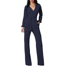 2018 Hot Sales European & American Fashion Slim Pocket Long Sleeve Deep V-Neck Soild Suit Piece Pants Women’s Suit C-17120603