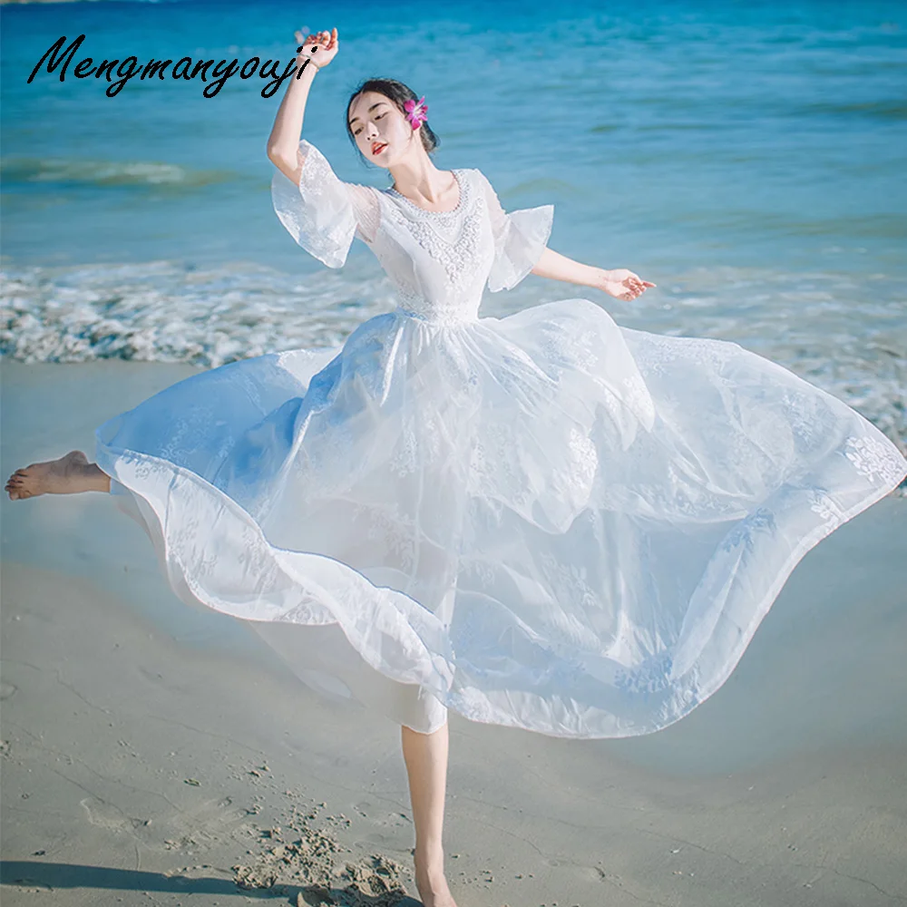 Women Cotton Lace Embroidery Dimonds Maxi Dress Summer Flare Sleeve Long Beach Dresses Female Mujer Vestido White long-white-lace-dress