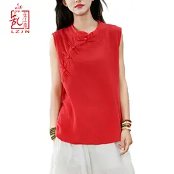 LZJN Лето 2019 г. новинки для женщин майки без рукавов китайский стиль лягушка Топ на пуговицах для сплошной цвет винтажный пуловер Хлопок Лен