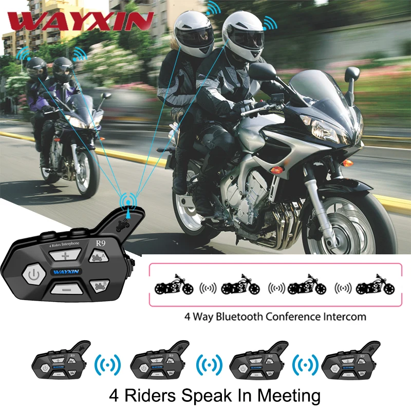 WAYXIN шлем гарнитуры R9 2 шт Bluetooth Интерком для мотоцикла 4 гонщиков говорить в то же время Bluetooth Интерком FM 4 гонщиков