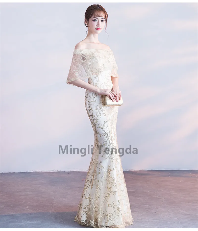 Шампанское платья невесты с открытыми плечами длинные платья для Свадебная вечеринка Лодка шеи Русалка платье с открытой спиной Mingli Tengda