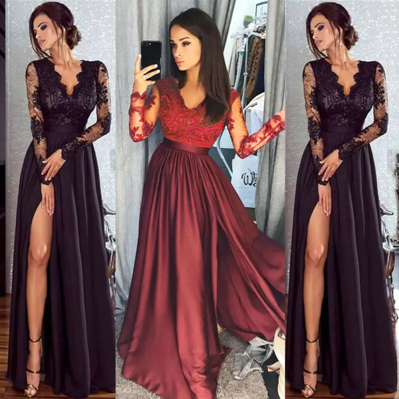 

Women's Bandeau Sexy Lace Split Long Evening Club Dress Ladies V Neck Sexy Lace Long Sleeve High Waist Party Ball Gown Dress