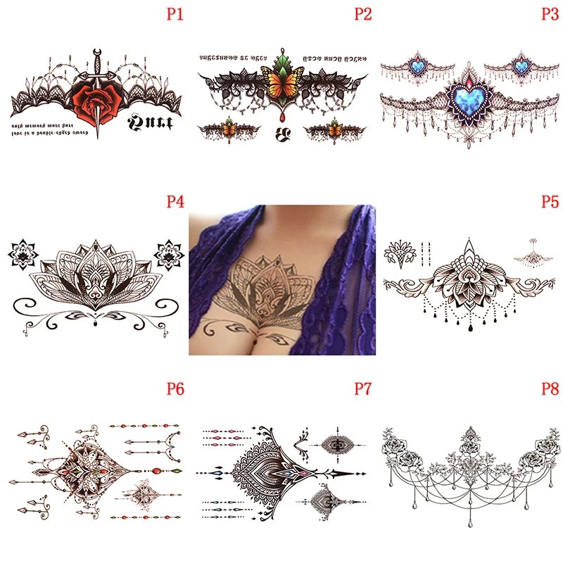 1 Sheet Lace Totem Flower Pattern Temporary Tattoo Sticker Sexy Beauty Waist Art Tattoo Waterproof Chest Body Art
