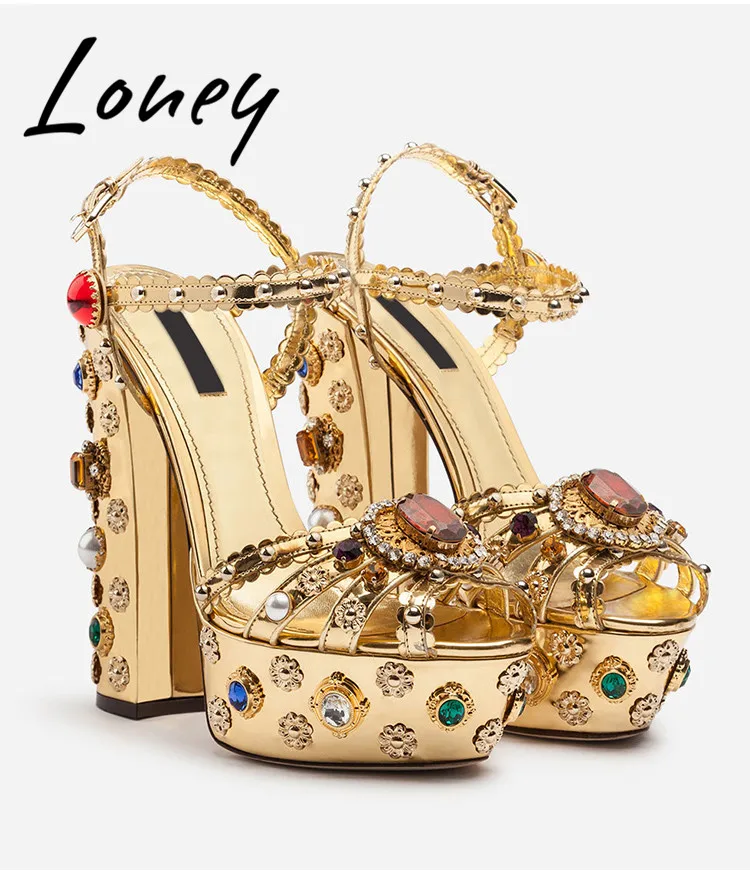 

Loney New Summer Gold Genuine Leather Crystal Jewel Sandals Sexy Platform Chunky Heel Sandals Shoes Women