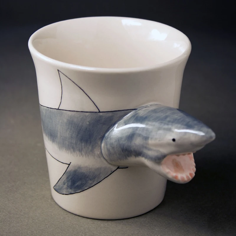 

3D three-dimensional hand-drawn animal mug cartoon shark ceramic coffee cup gift mug