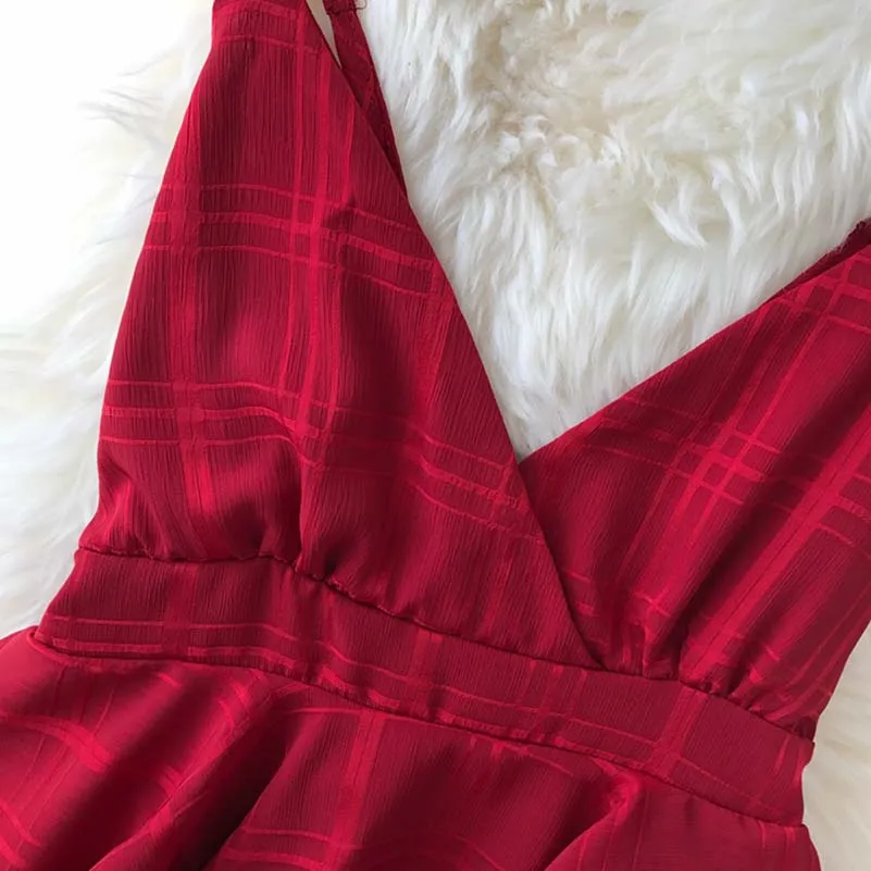 Beste NiceMix Badplaats Stijl Sling vrouwen Diepe V hals Playsuits Cross Backless Ontwerp Hoge Taille Bandjes Chiffon Plaid Jumpsuit