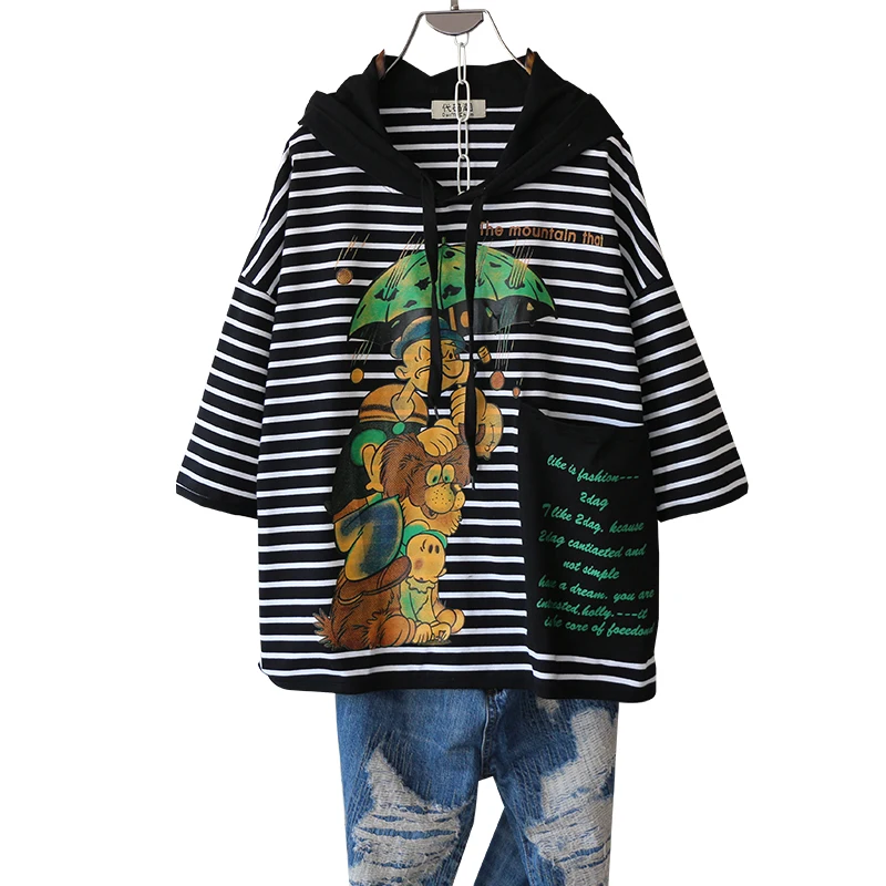 

Loose Black and White Striped Female Pullovers Large Size Half Sleeve Women Hooded Tops Cartoon Printed Students T-shirts