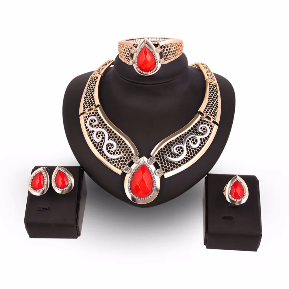 

Red Crystal Bridal Jewelry Sets Gold color African Beads Jewelry Set Necklace Earrings Bracelet for Women Wedding Engagement