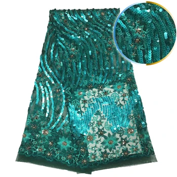 

Green African lace fabric high quality french organza lace fabric with sequins 5 yards for women wedding dress HJ1493-1