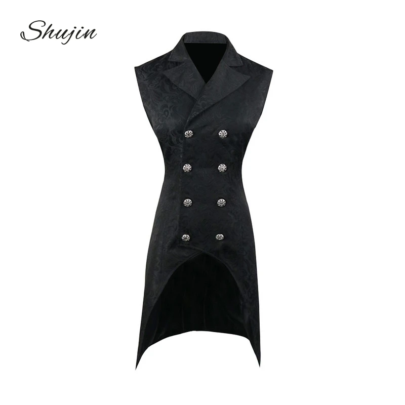 

SHUJIN 2019 Fashion Men Double Breasted Lapel Collar Waistcoat Jacquard Blazer Vest Gothic Steampunk Split Blazer Dress Suit New