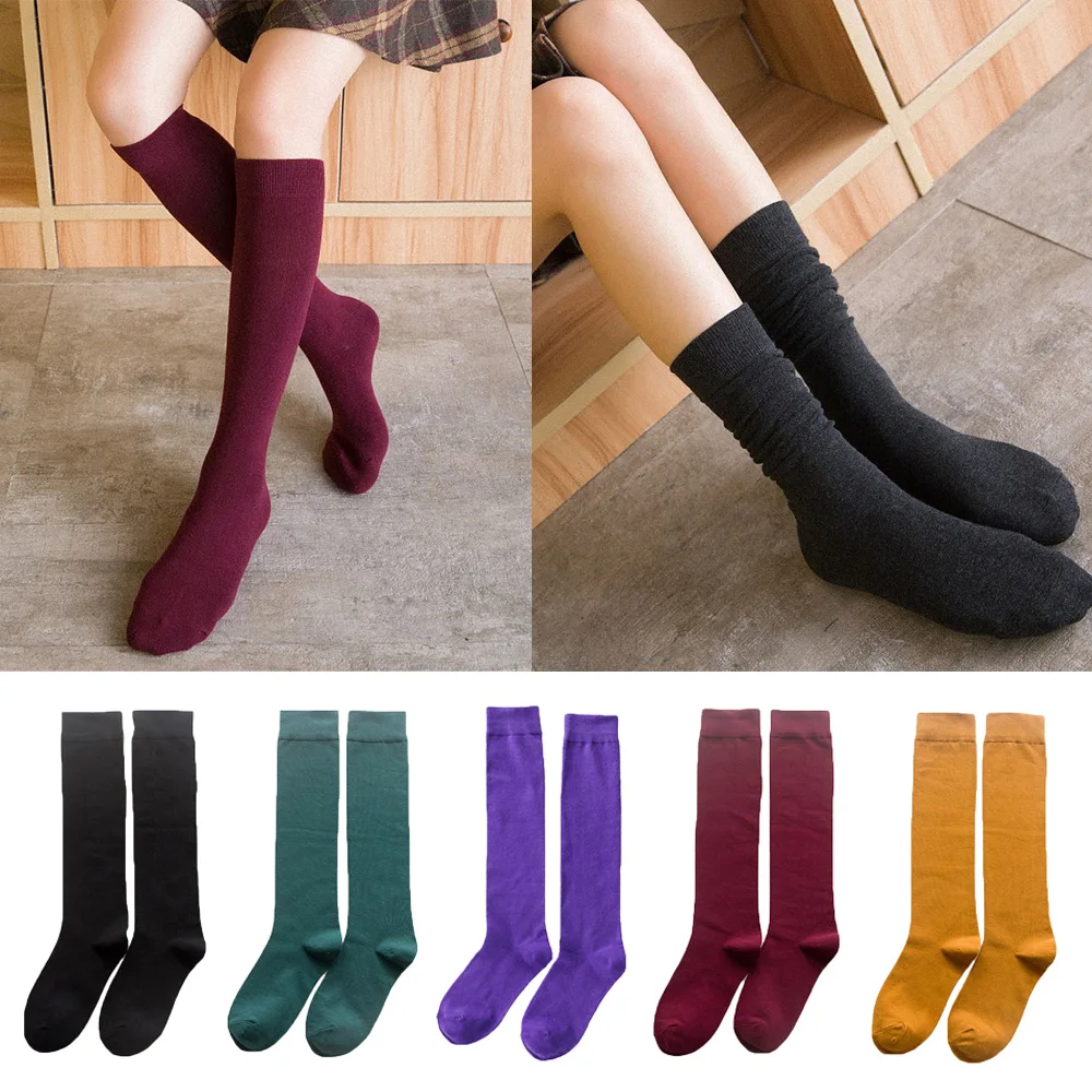 Women Solid Color Knee Long Stockings Casual Cotton Comfortable College Stockings SCKHC0001