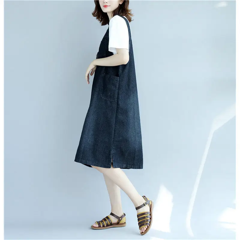 2019 Fashion New Midi Denim Summer Dresses For Women Spaghetti Strap Jeans Dress Sleeveless Big Size Casual Dress vestidos f546