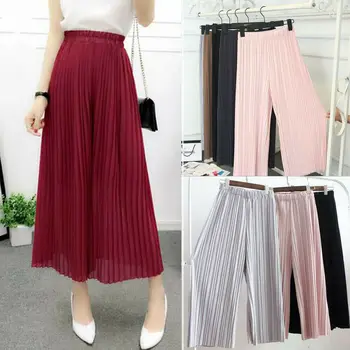 

2019 Summer Women Solid Pleated Chiffon Wide Leg Pants Elastic Waist Casual Ladies Girls Trousers Loose Culottes Pants