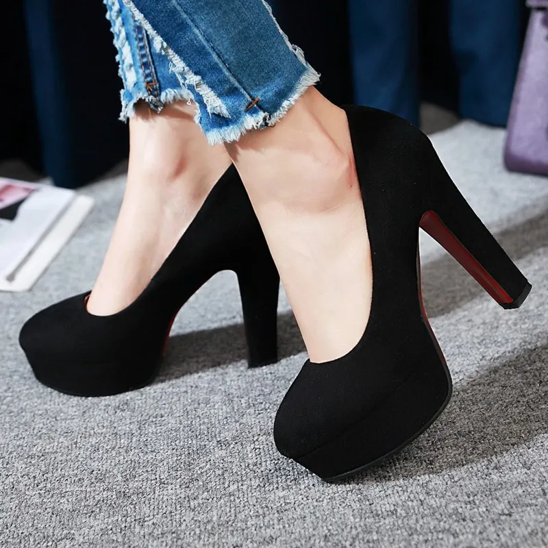 

Ladies Women High Heels Pumps Platform Flock Round Toe Thick Heels Plus Size 32-43 Black Red Grey Dress Shoes 12cm 228GGX