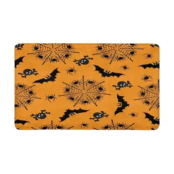 

Silhouettes of Bats, Skulls, Webs with Spiders Front Door Mat Welcome Doormat for Home, Indoor, Entrance, Kitchen, Patio