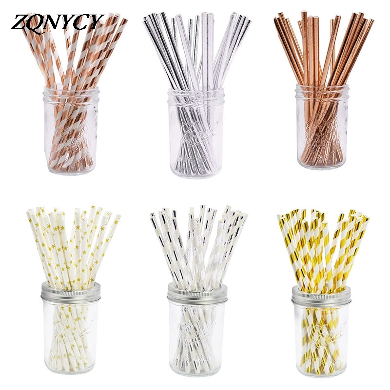 25pcs Foil Rose Gold Silver Paper Straws Striped Happy Birthday Wedding Party Decorative Drinking Straw Event Party Supplies 75Z