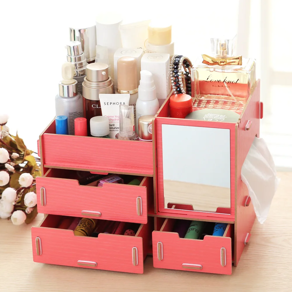 Wooden 3 drawers Makeup Box With Mirror DIY Fashion 