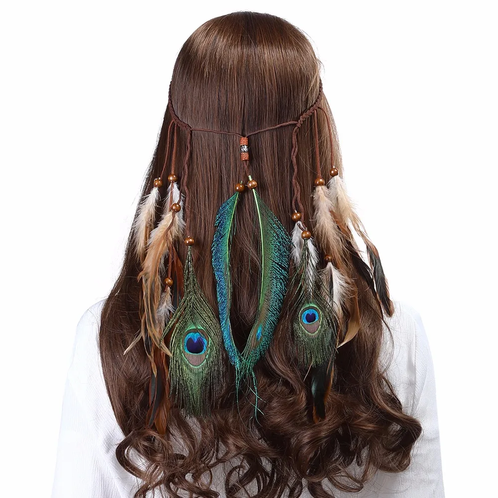 Перо повязка на голову AWAYTR повязка на голову из перьев хиппи богемное Для женщин синий перья хиппи женские аксессуары для волос