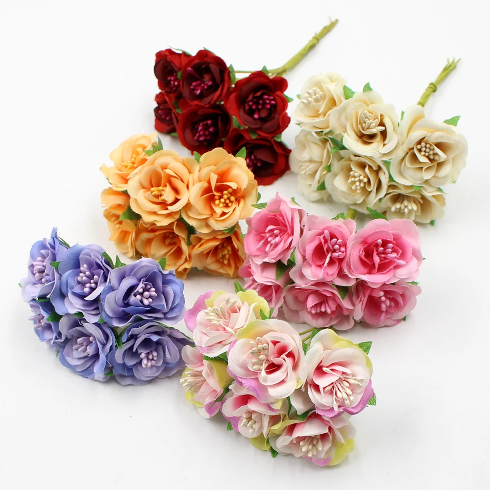 

6Pcs/lot Colorful Silk Rose Stamen Artificial Flowers for Wedding Home Decoration DIY Handcraft Garland Gift Scrapbooking Flower