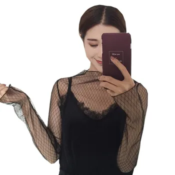 

2019 Lady Sexy Mesh Star Transparent Stand Casual Hollow Tees Collar Polka Blouse Long Sleeve Out Women Dot Tops New