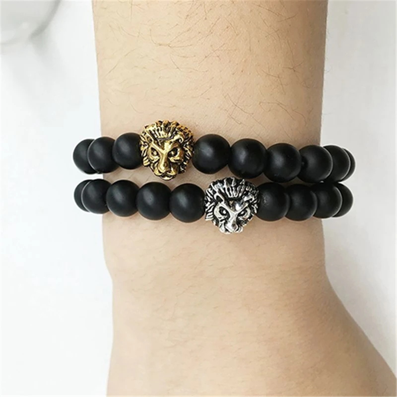 Men Fashion Lava Stone Lion Head Pattern Adjustable Beaded Cuff