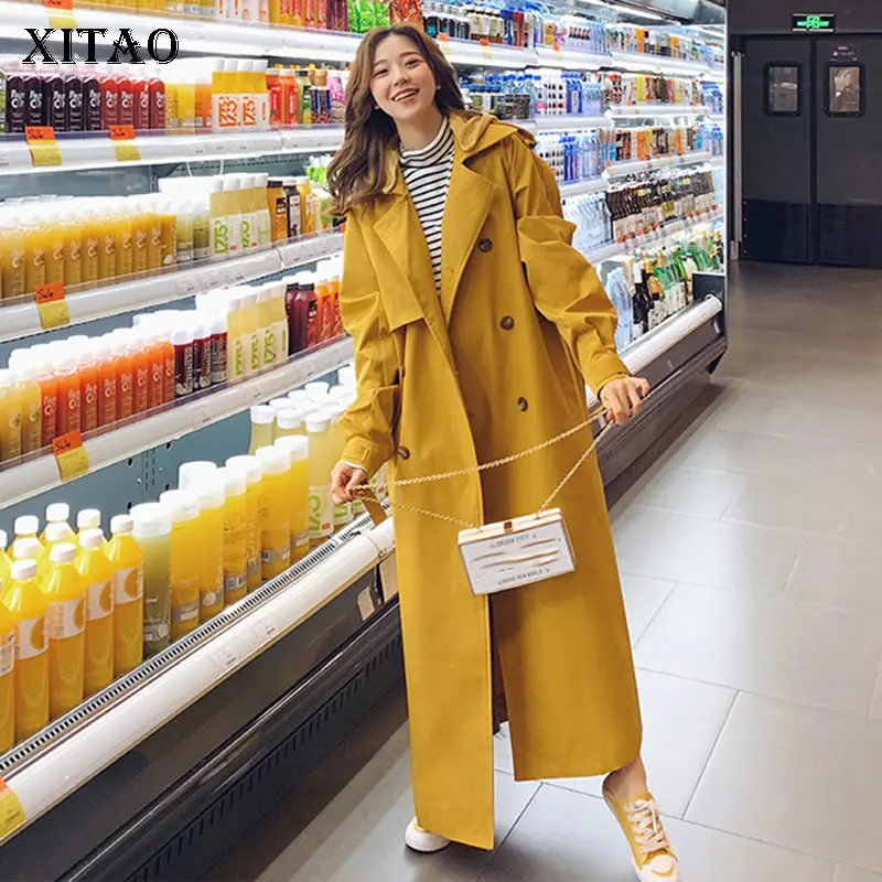 Женский двубортный Тренч XITAO длинный бандажный с длинным карманом и отложным