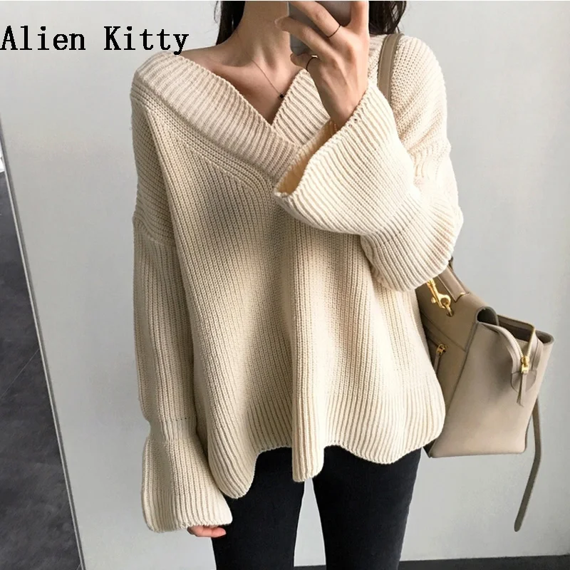 

Alien Kitty 2018 Autumn Elegant Long Sleeve Knitted Pullover Sweater Women Casual Solid Femme Korea Chic Loose Soft Sweater