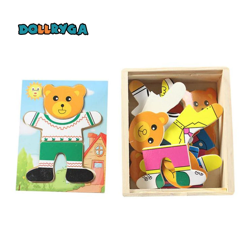 3D DIY Wooden Solid Match Plate Blocks Set Early Childhood Educational Cartoon Costumes Kindergarten Toys Gifts For Kid DOLLRYGA