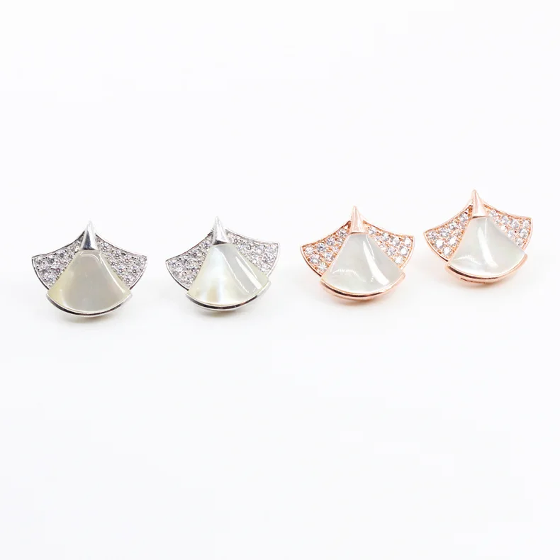 

hot brand famous jewelry S925 silver divas dream earrings full zircon nature mother of pearl shell small fan stud earrings