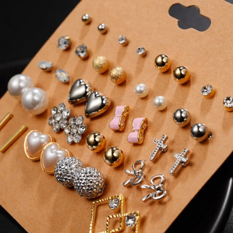 Punk 20 Pairs Pack Set Brincos Mixed Stud Earrings For Women Crystal