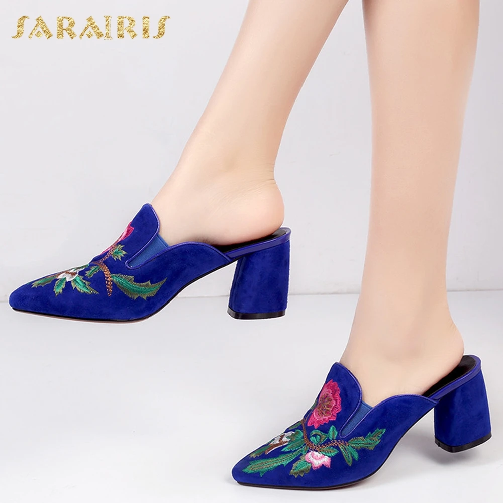 

SARAIRIS 2018 Summer Natural Cow Suede Leather Women Mules Shoes Fashion Embroider Pumps High Heels Women Shoes