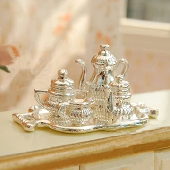 

5pcs/Set Dollhouse Miniature Silver Metal Kitchen Coffee Tea Set Pot Flagon Plate Doll House Decor Accessories Ornaments