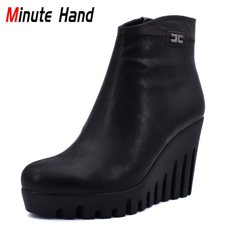 

Minute Hand Winter Genuine Cow Leather Lady Wedge Boots Fashion Thick Wool Ankle Boots Women Extreme High Heels Platform Shoes
