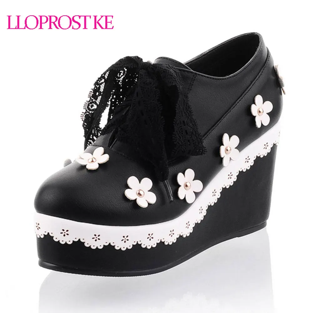 

Lloprost ke Lace Up High Heel Wedges Platform Autumn Pumps For Women Casual Elegant Flower Wedges Platform Shoes Woman MY796