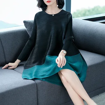 

Spring Women Pleated Patchwork Tidal Lady Casual Loose Big Size Long Sleeves Dress