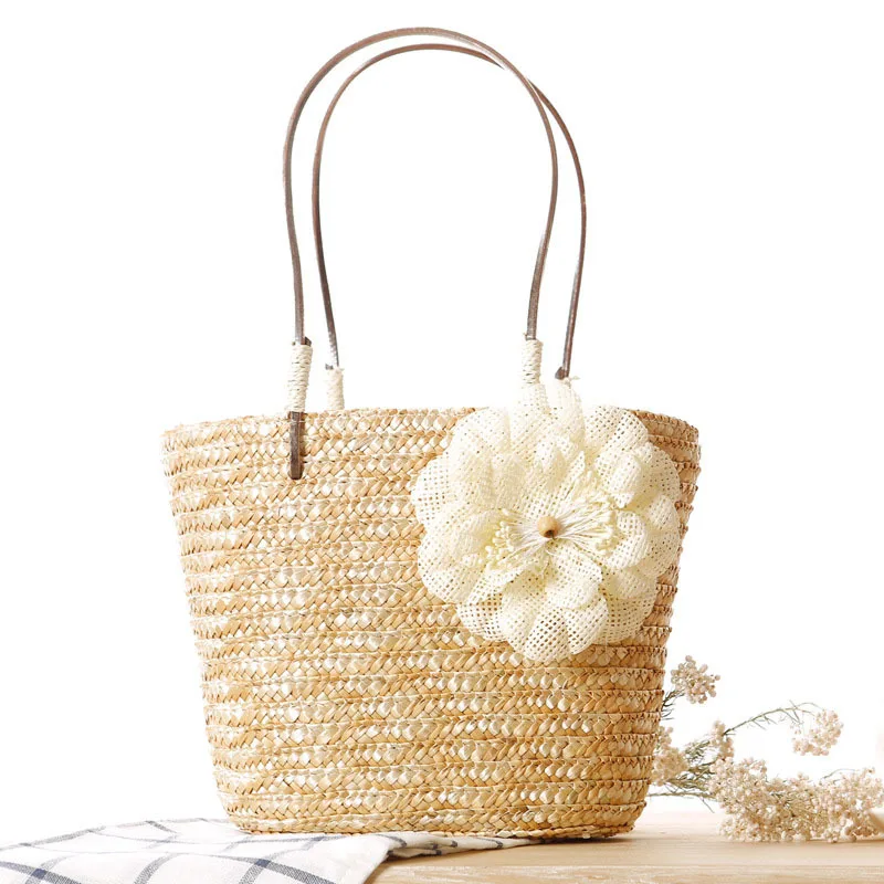 Women Straw Bags Female Summer Beach Handle Bag INS Popular Lady Flower Weave Basket Travel Casual Shopping Shoulder Bag SS3104 (1)