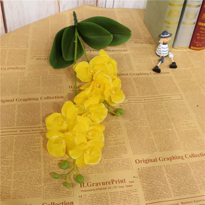 Искусственные цветы 60 см, растения в горшках, латексная искусственная Орхидея, 2 ветки, листья бабочки, орхидеи, для свадебного торжества, стола, украшения для дома - Цвет: yellow