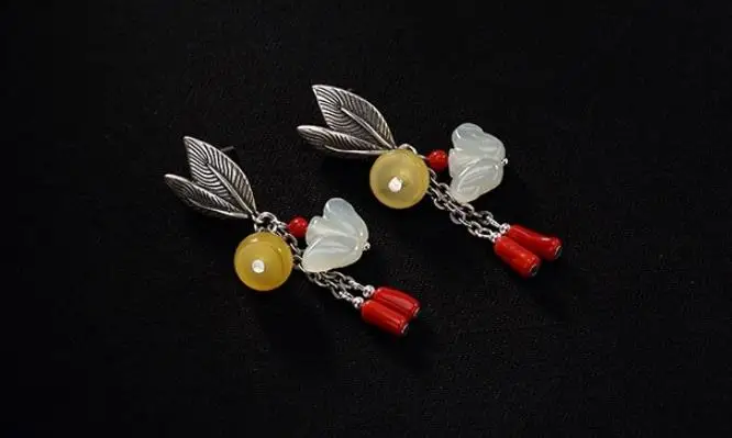 

Sterling S925 925 silver Drop Earrings leaf beeswax natural stones vintage trendy for woman earring 43MM